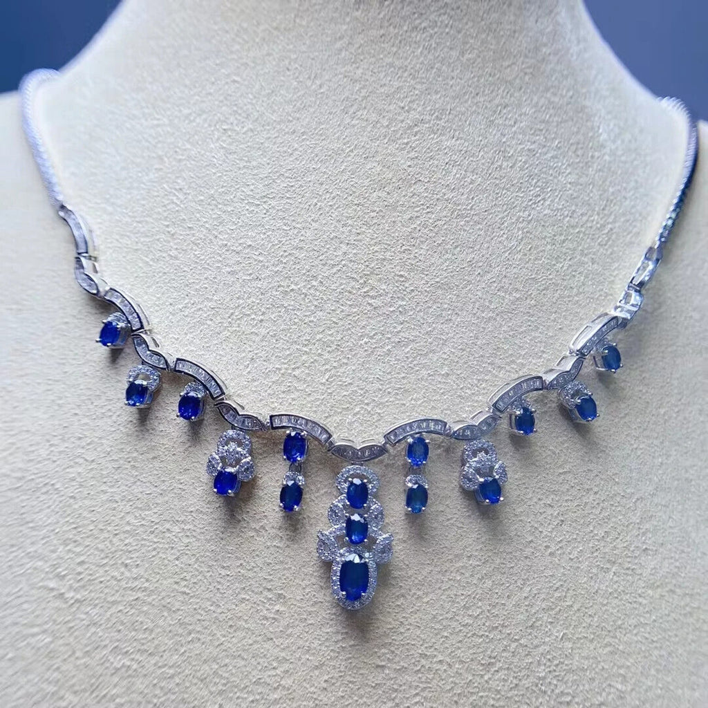 Bright Blue Sapphire Statement Necklace, Natural Sapphire Bib Necklace 925 Silver