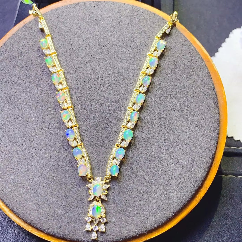 Natural Fire Opal Statement Necklace, Women's Opal Necklace 4x5mm Sterling