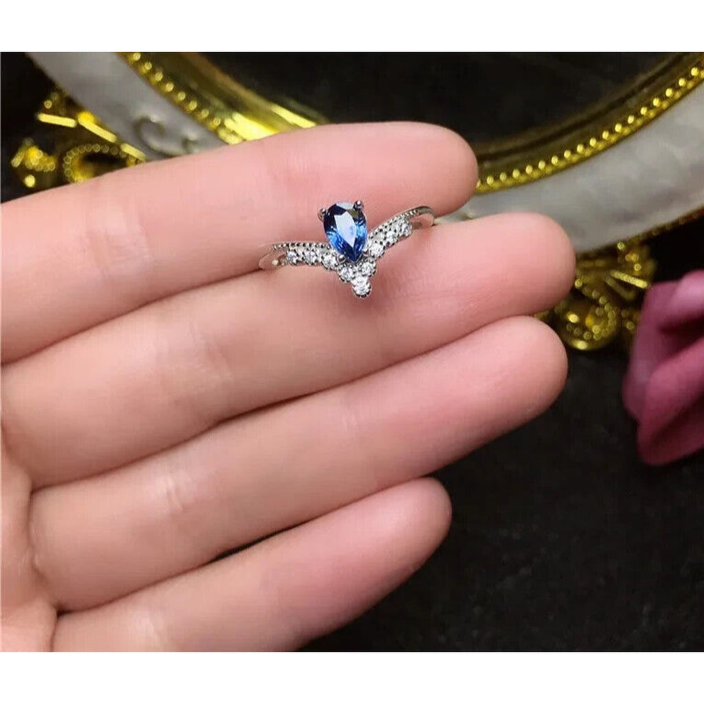 Dainty Sapphire Statement Ring 4x6mm Sterling Silver, Natural Sapphire Ring