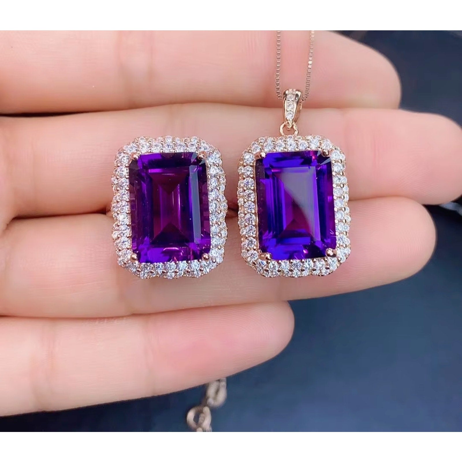Natural Amethyst Jewelry Set 10x14mm 15 CT Total