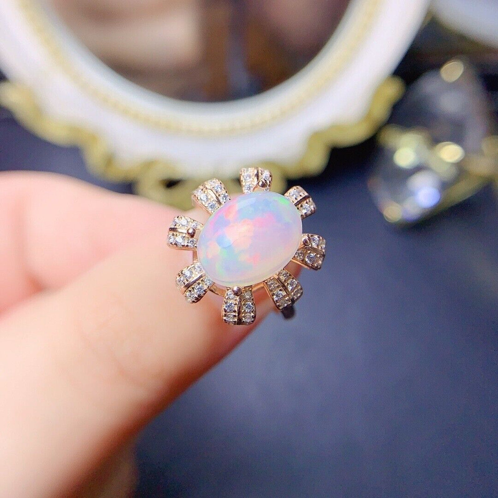 Natural White Opal Cocktail Ring 9x11mm, Colorful Opal Ring 925 Sterling Silver