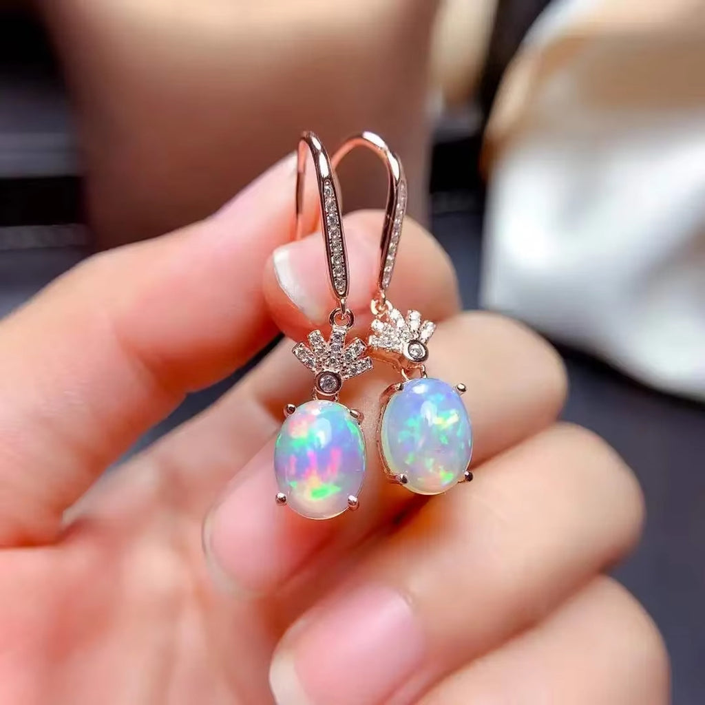 Natural Fire Opal Earrings 6x8mm Sterling Silver