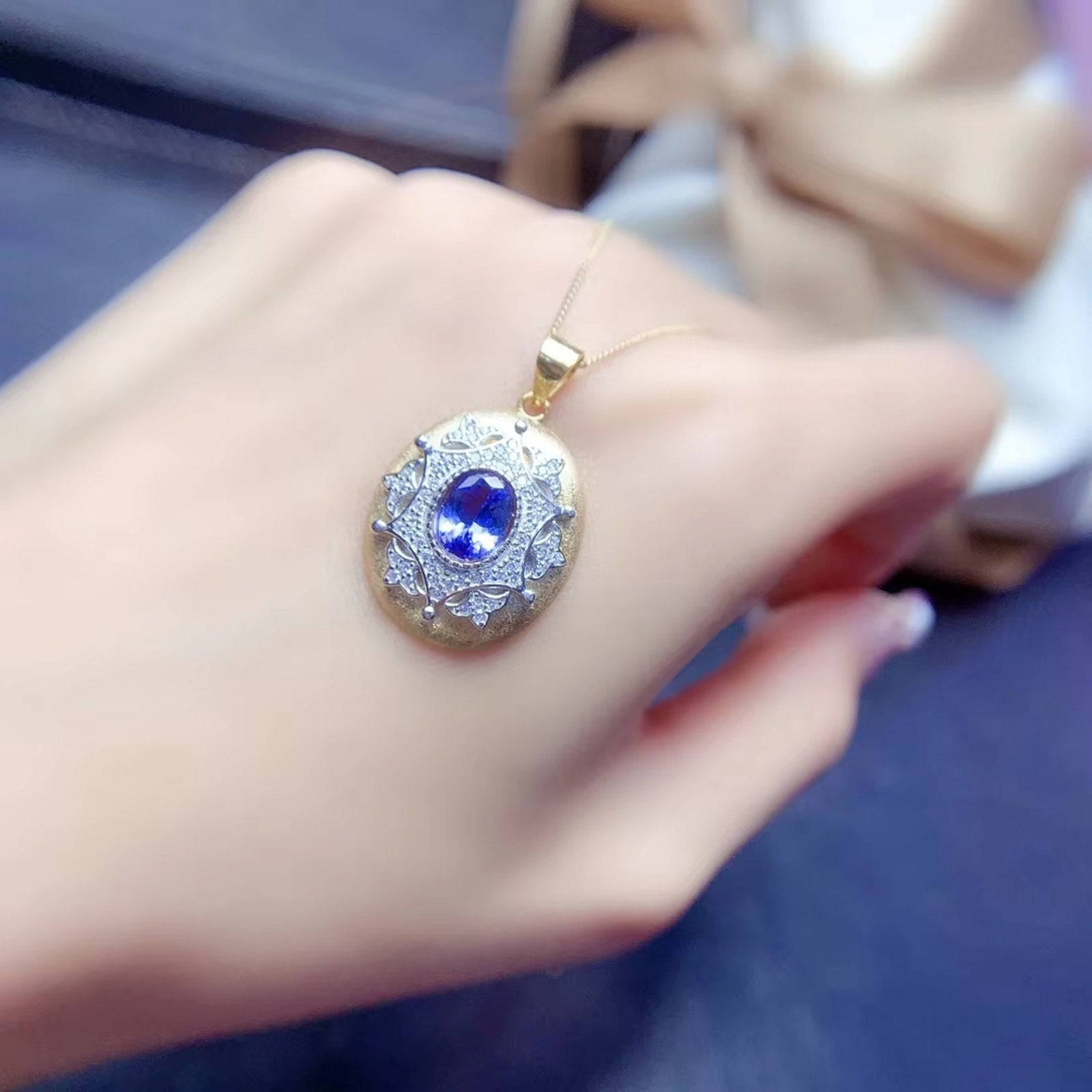 Tanzanite Pendant Necklace, Natural Purple Tanzanite Gemstone Necklace 6x8mm