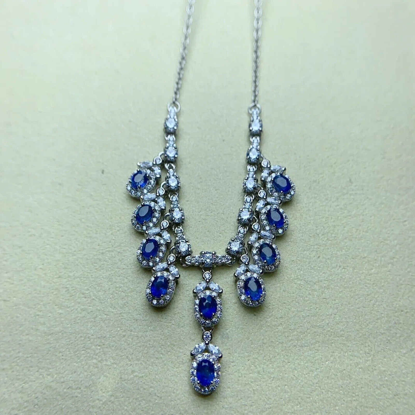 Natural Sapphire Dangle Necklace – 925 Sterling Silver | 3x4mm Charm Necklace