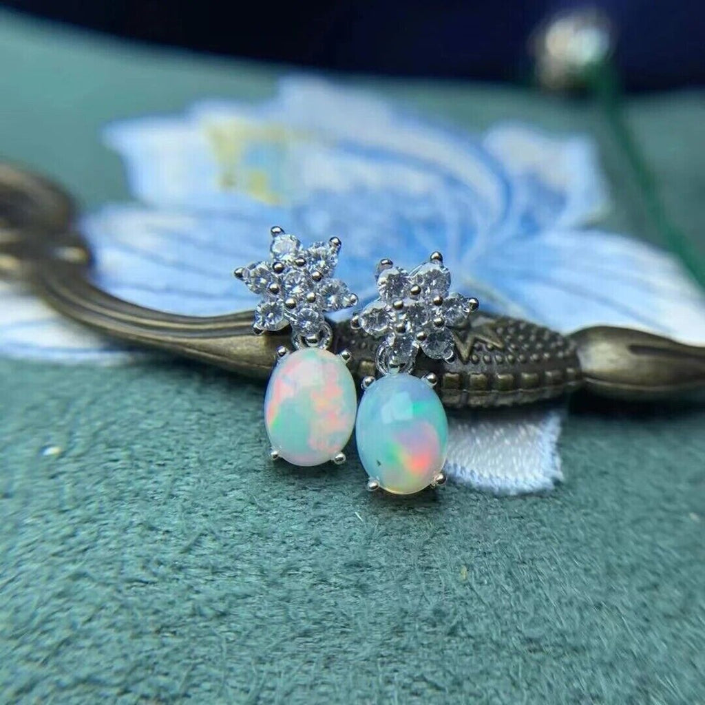 Dangle Earrings Opal, Opal Gemstone Silver, Natural Opal Earring 6x8mm