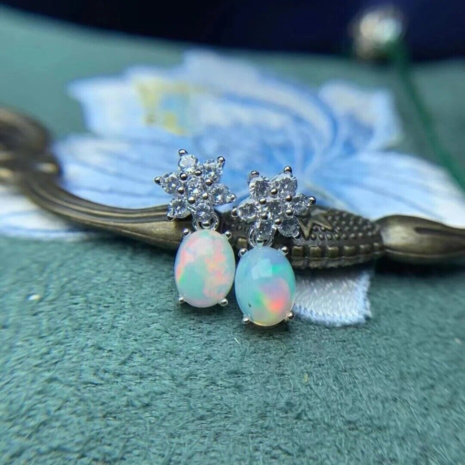 Dangle Earrings Opal, Opal Gemstone Silver, Natural Opal Earring 6x8mm