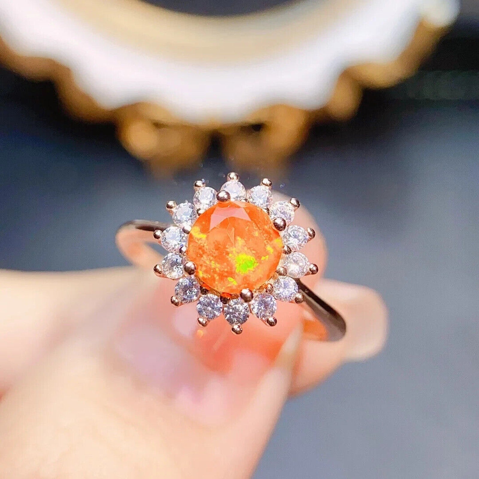 Orange Fire Opal Cocktail Ring 6mm, Natural Orange Opal Statement Ring