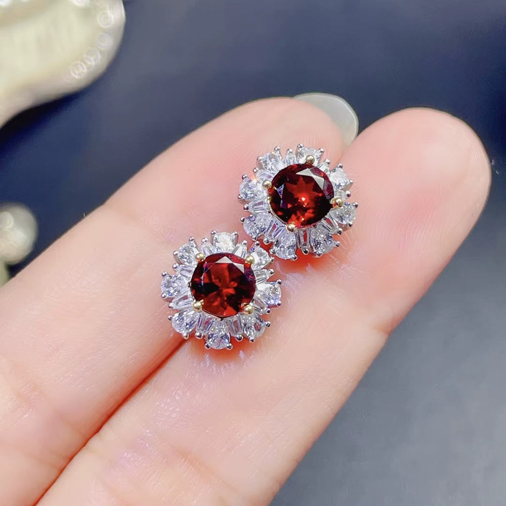 Red Garnet Cluster Earrings 925 Sterling Silver 4mm Natural Garnet Earrings