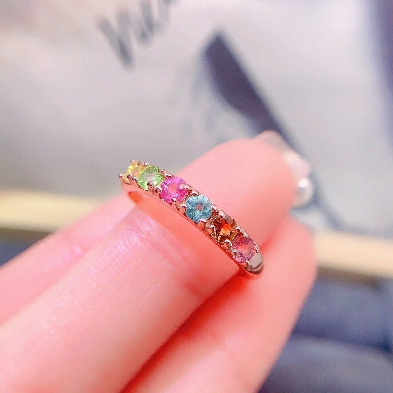 Natural Tourmaline Gemstone Band Ring, Women's Multicolor Tourmaline Band Ring