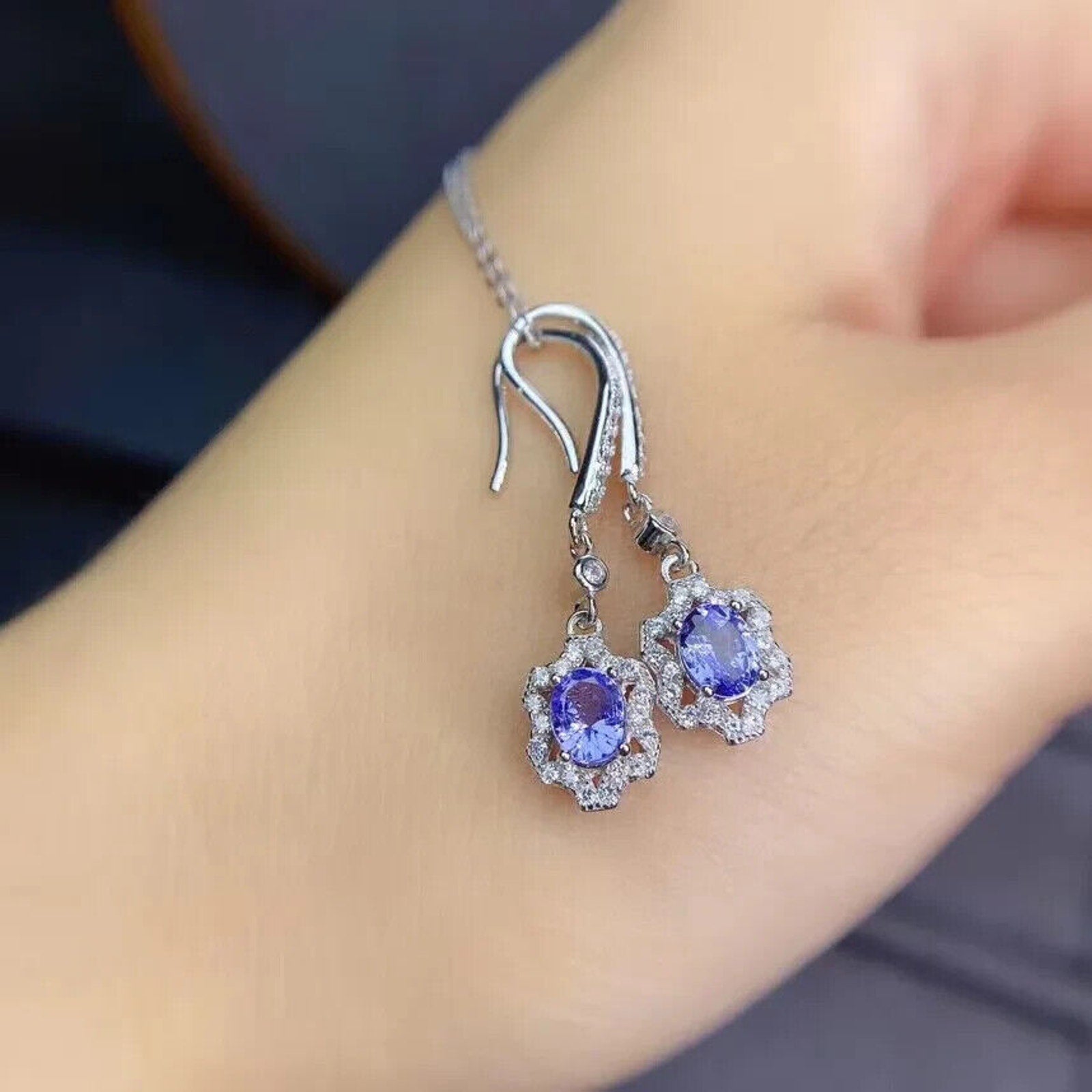 Natural Purple Tanzanite Dangle Earrings Sterling Silver, Tanzanite Earrings