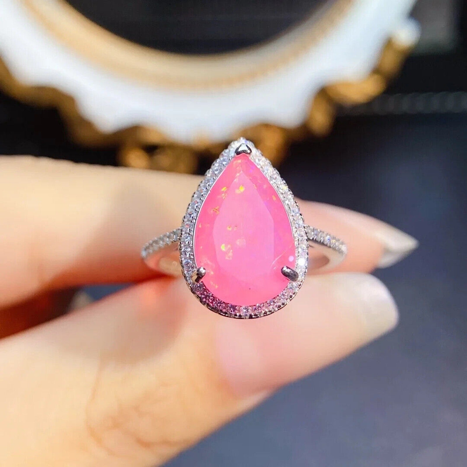 Pink Fire Opal Pear Cut Statement Ring, Natural Pink Fire Opal Gemstone Ring