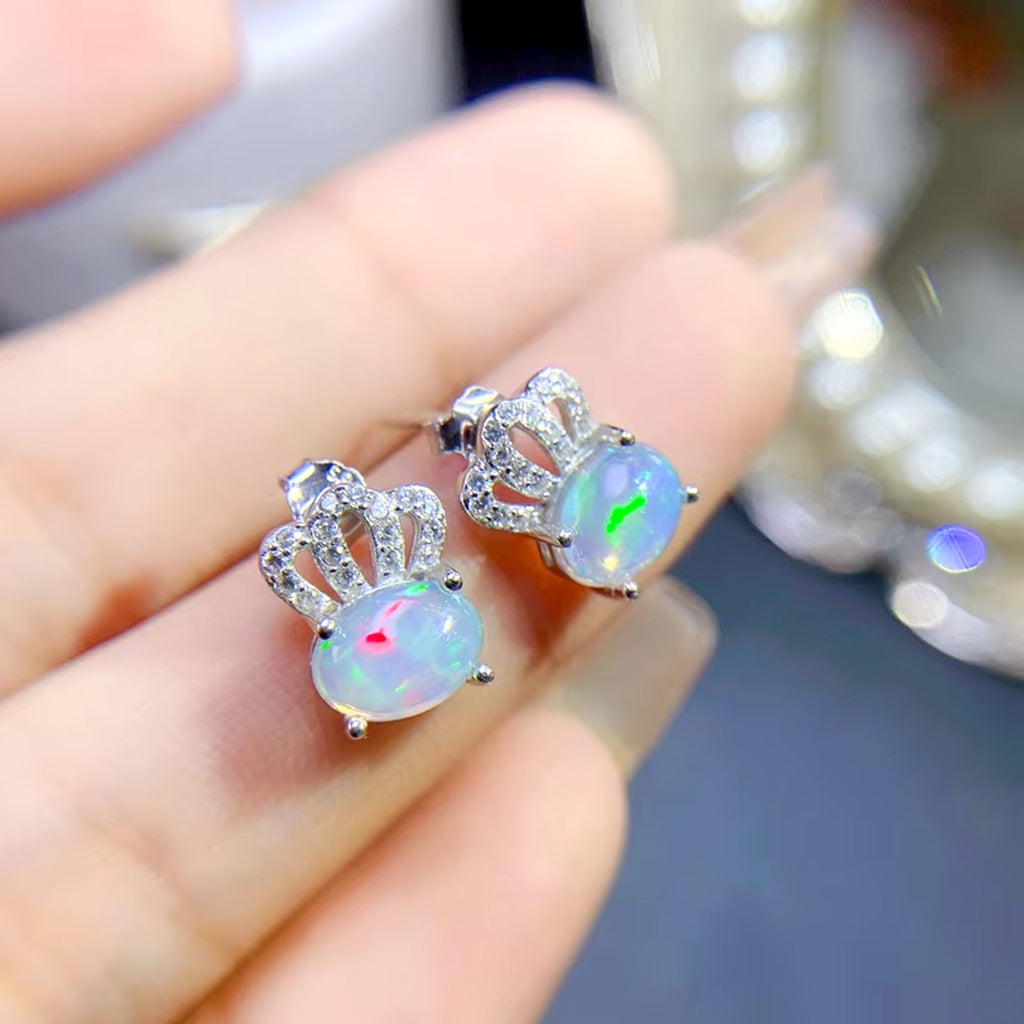Natural Fire Opal Earrings, Fire Opal Crown Earrings 925 Sterling Silver 5x7mm