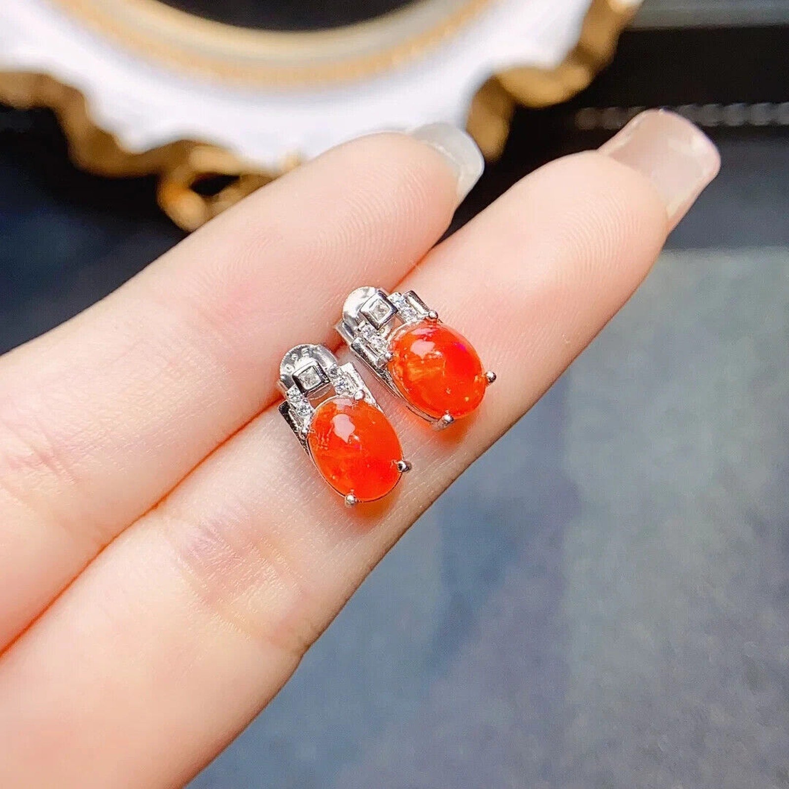 Orange Fire Opal Stud Earrings 6x8mm, Natural Orange Fire Opal Earrings