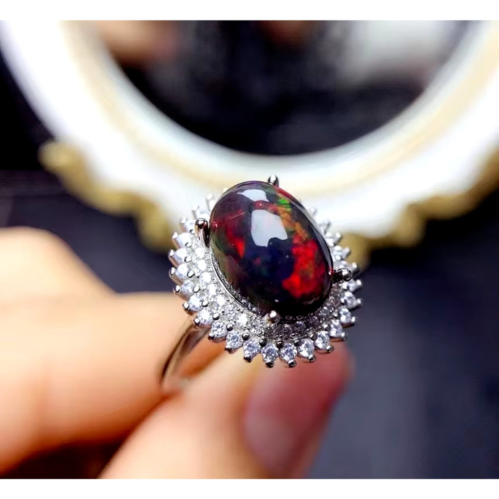 Black Opal Statement Ring, Australian Fire Opal Ring Sterling Silver 10x12mm
