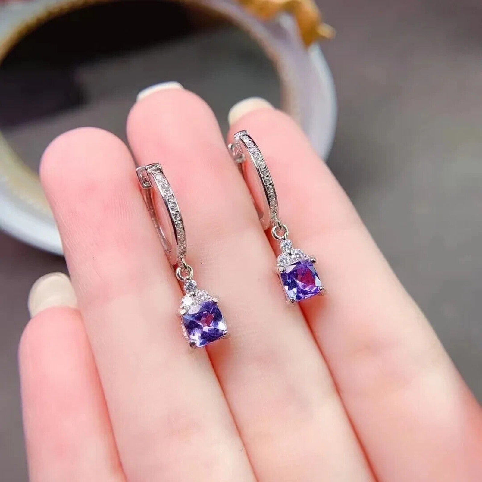 Natural Purple Tanzanite Hoop Earrings – 925 Sterling Silver Dangle Earrings