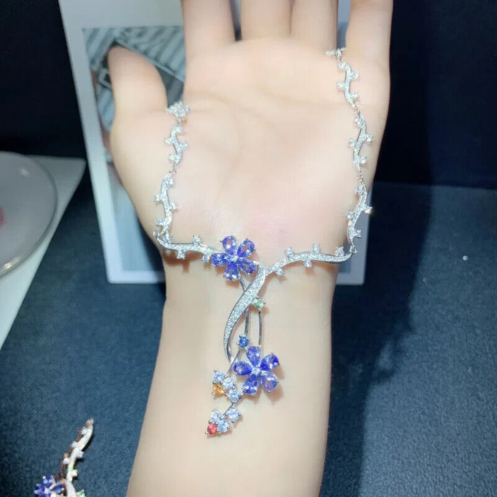 Purple Tanzanite Flower Statement Necklace, VVS1 Pear Cut Purple Tanzanite