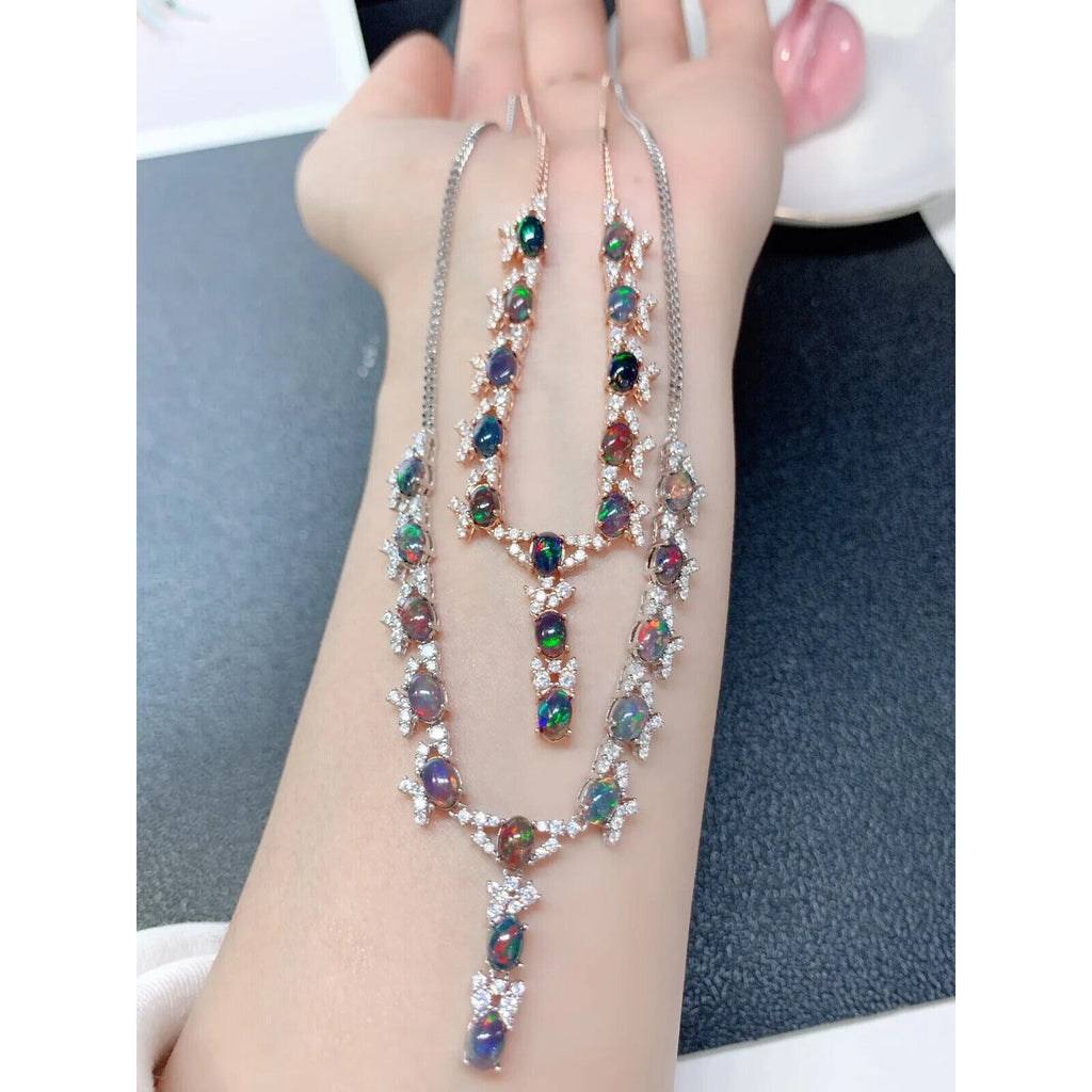 Natural Black Fire Opal Statement Necklace, Colorful Black Opal Necklace