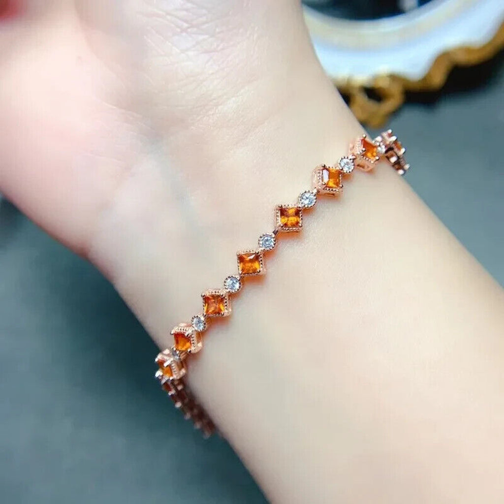 Natural Orange Garnet Tennis Bracelet 3mm, Square Cut Orange Garnet Bracelet