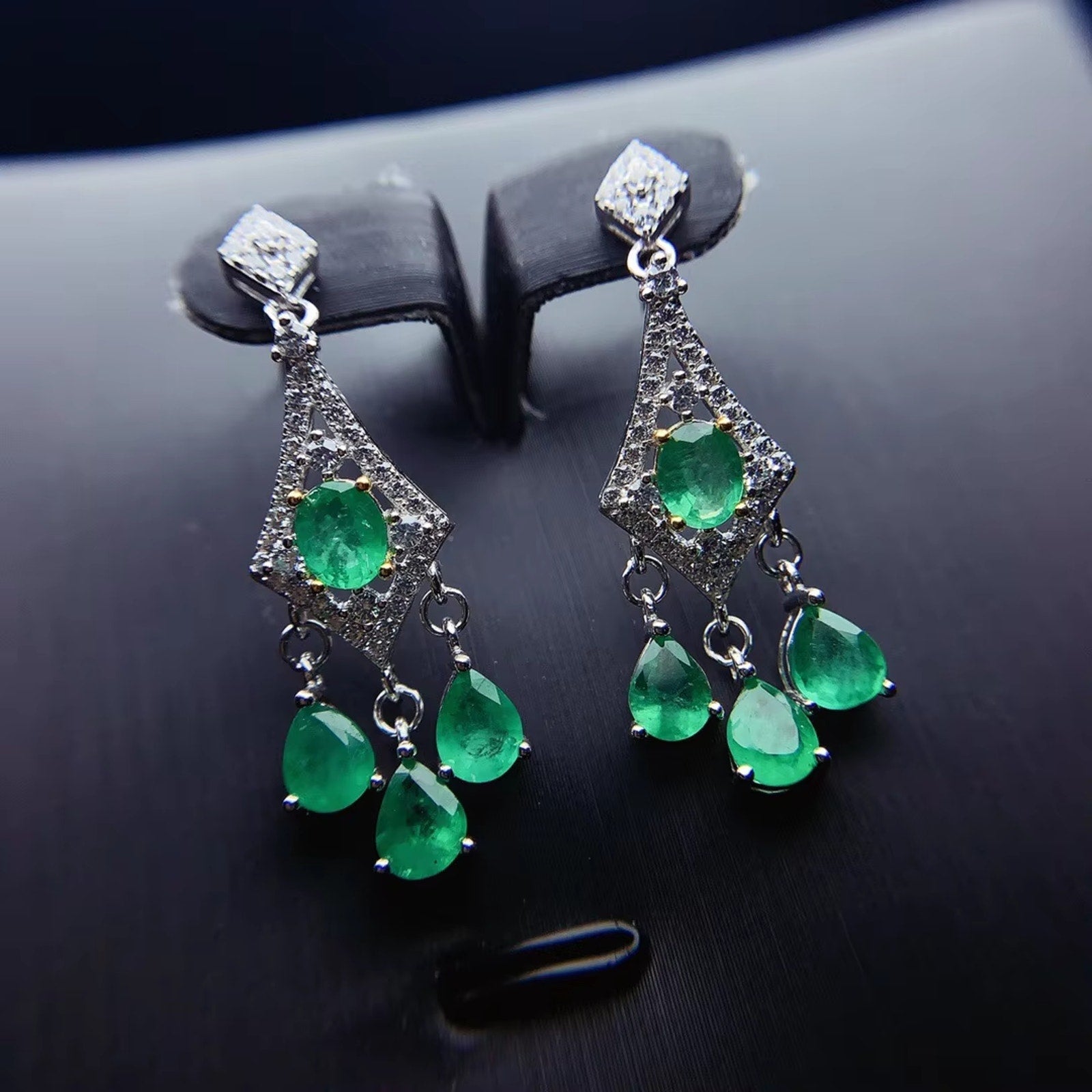Natural Emerald Dangle Earrings, Women's Emerald Earrings Platinum Plated Silver