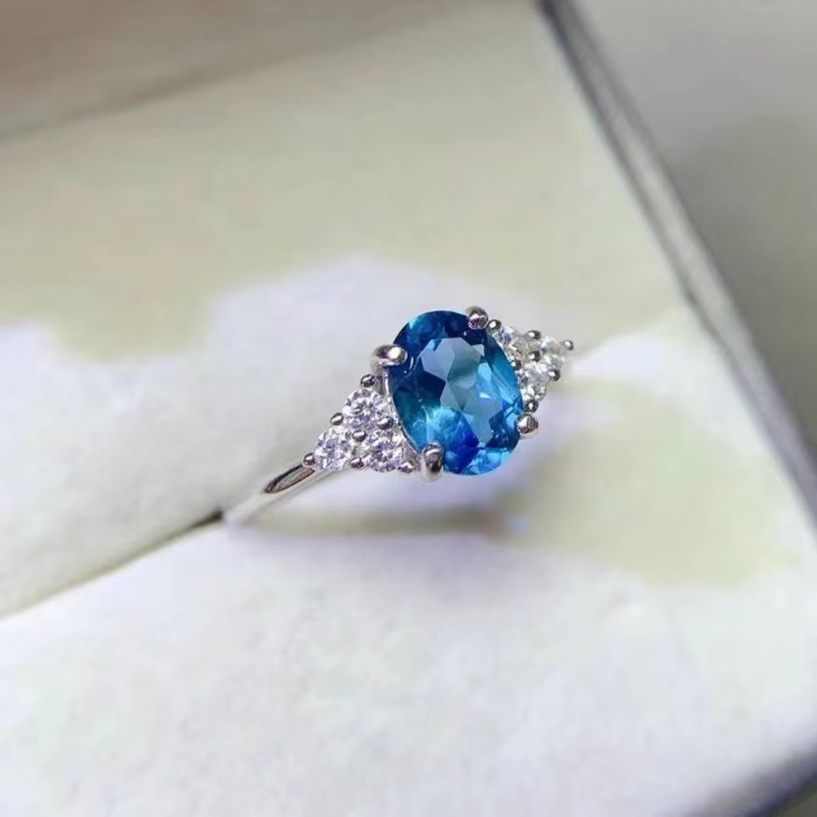 1CT London Blue Topaz Ring 925 Sterling Silver, Natural London Blue Topaz 6x8mm