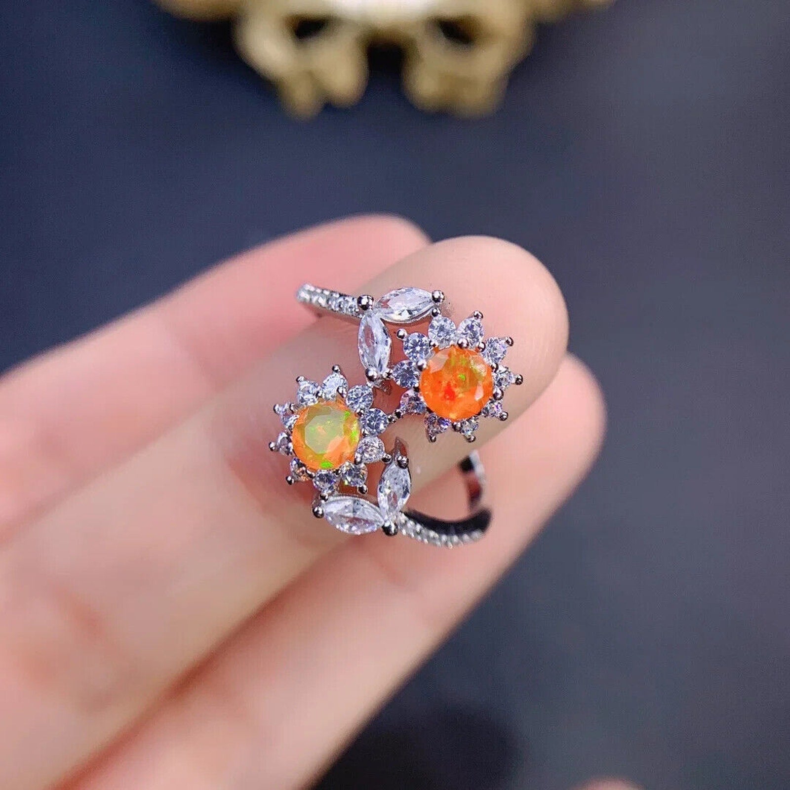 Orange Fire Opal Dainty Flower Ring, Natural Orange Opal Cluster Ring Sterling