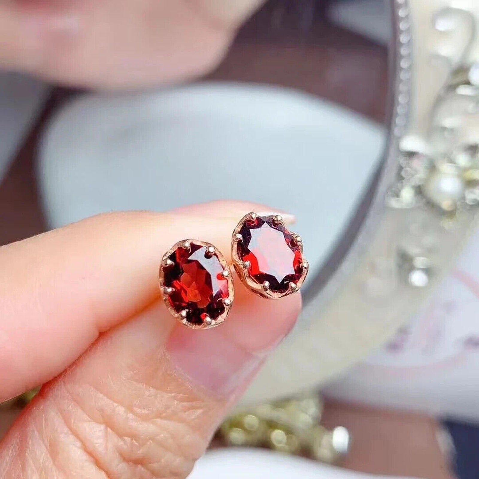 Natural Red Garnet Stud Earrings 6x8mm Platinum Plated, Red Garnet Stud Earrings