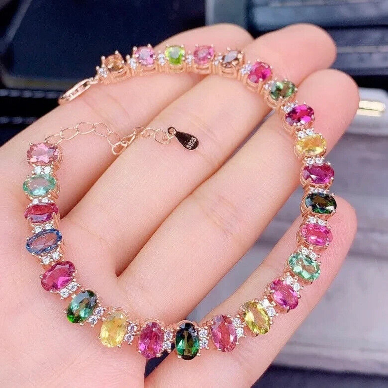 Natural Brazilian Tourmaline Gemstone Tennis Bracelet, Multicolor Tourmaline