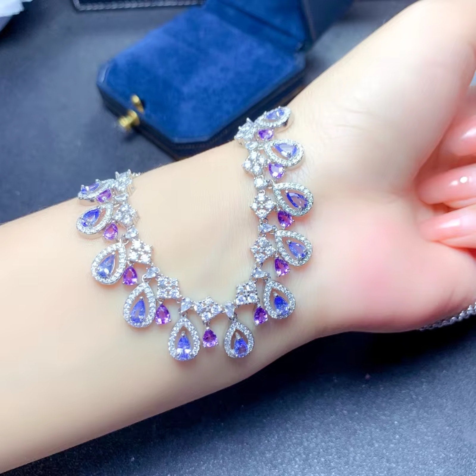 Natural Amethyst & Purple Tanzanite Gemstone Charm Necklace 925 Sterling Silver