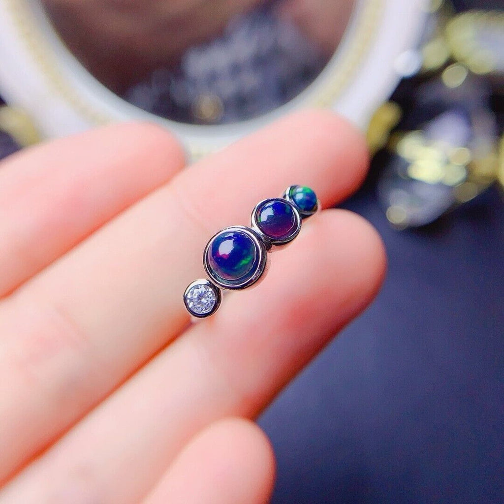 Adjustable Black Opal Stacking Ring, Stackable Opal Ring, Bezel Set Opal Ring