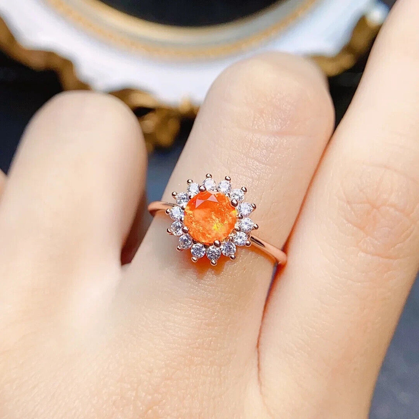 Orange Fire Opal Cocktail Ring 6mm, Natural Orange Opal Statement Ring