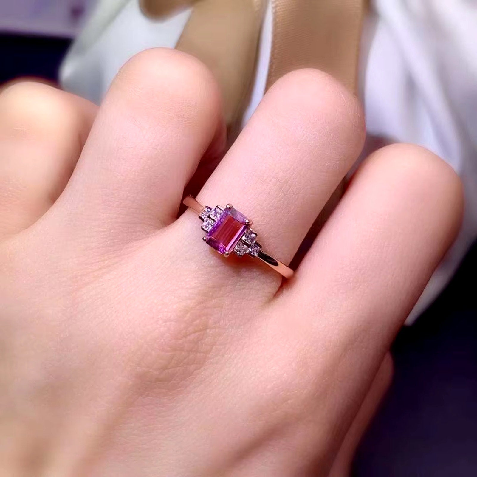 Pink Tourmaline Ring, Emerald Cut Pink Tourmaline Gemstone Ring
