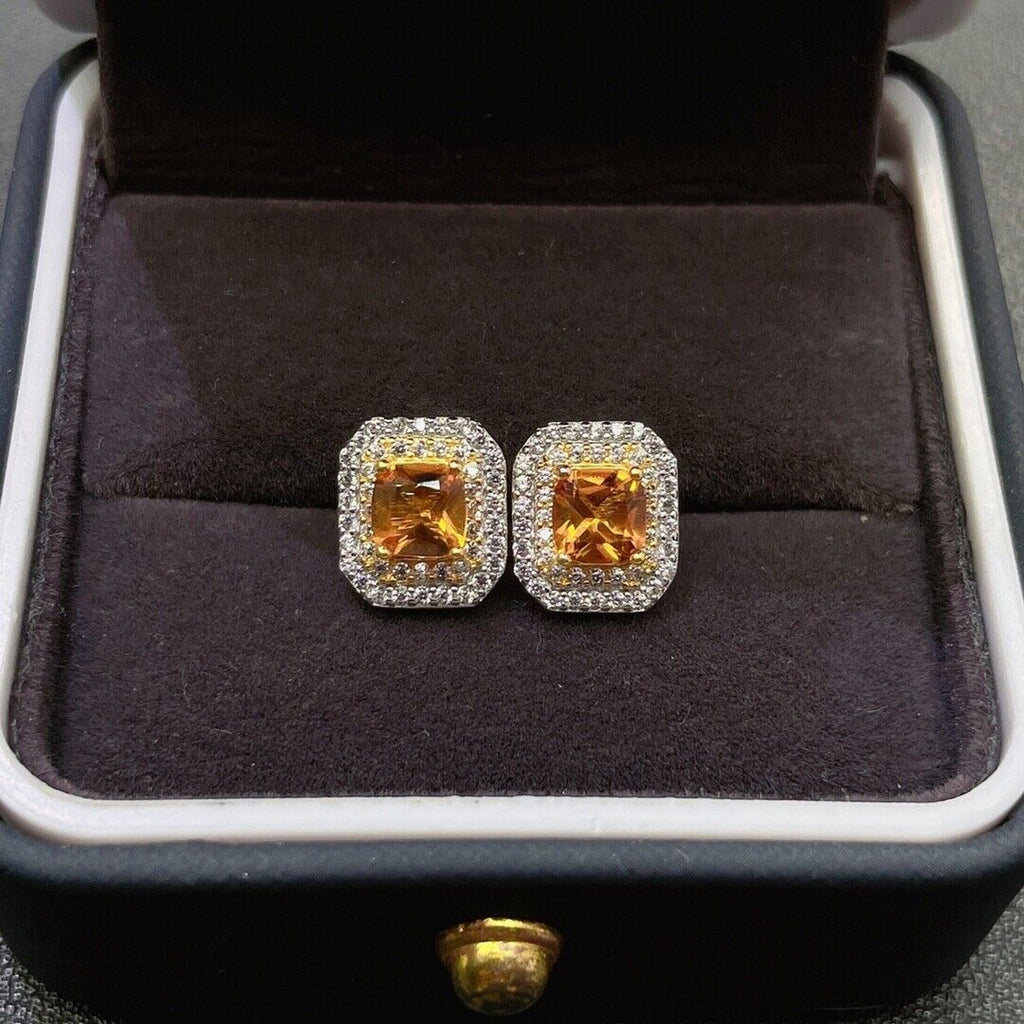 4x4mm Square Cut Natural Citrine Gemstone Earrings, Genuine Citrine Earrings