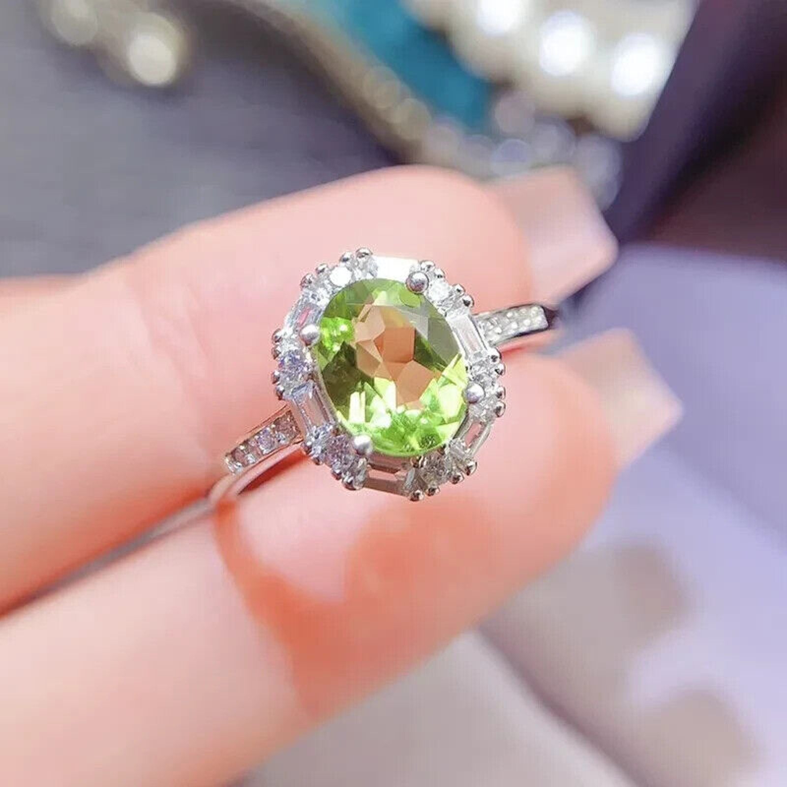 Natural Peridot Gemstone Ring 7x9mm 2CT, August Birthstone Peridot Ring