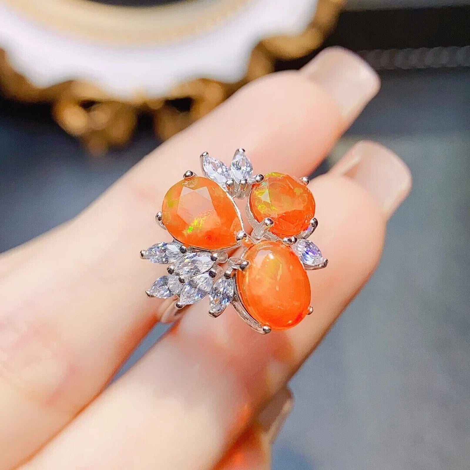 Orange Mexican Fire Opal Cluster Ring, Natural Orange Opal Ring Sterling Silver
