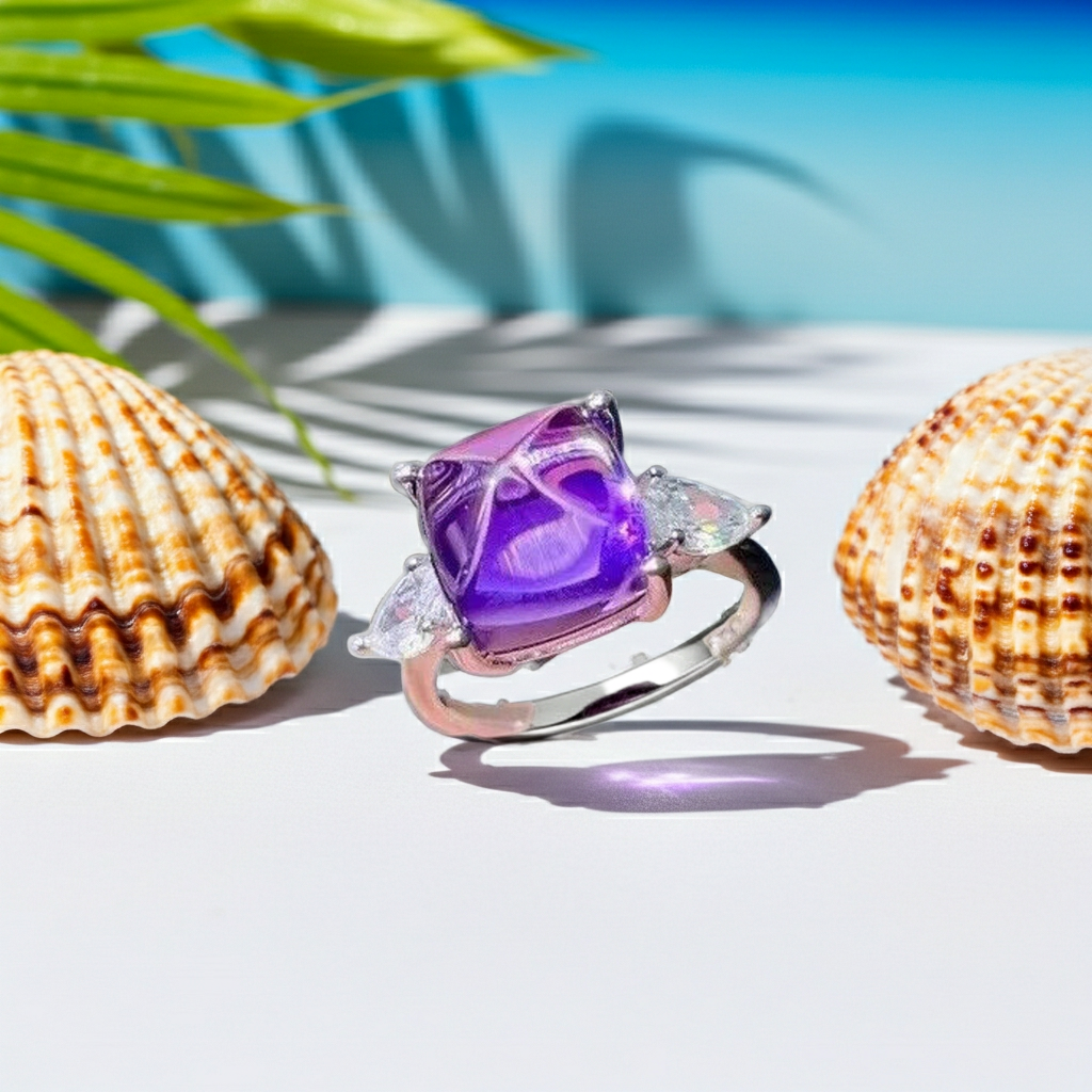 4CT Sugarloaf Cut Amethyst Gemstone Ring 10x10mm