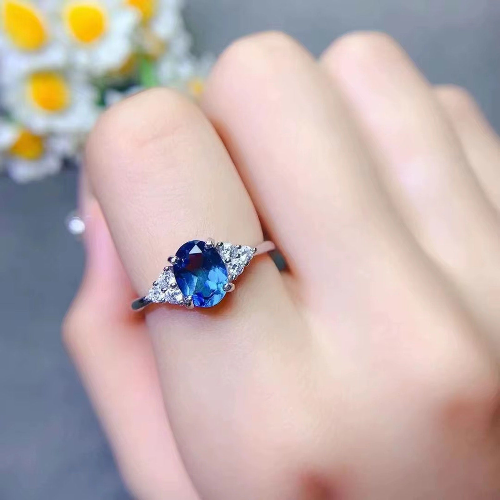 1CT London Blue Topaz Ring 925 Sterling Silver, Natural London Blue Topaz 6x8mm