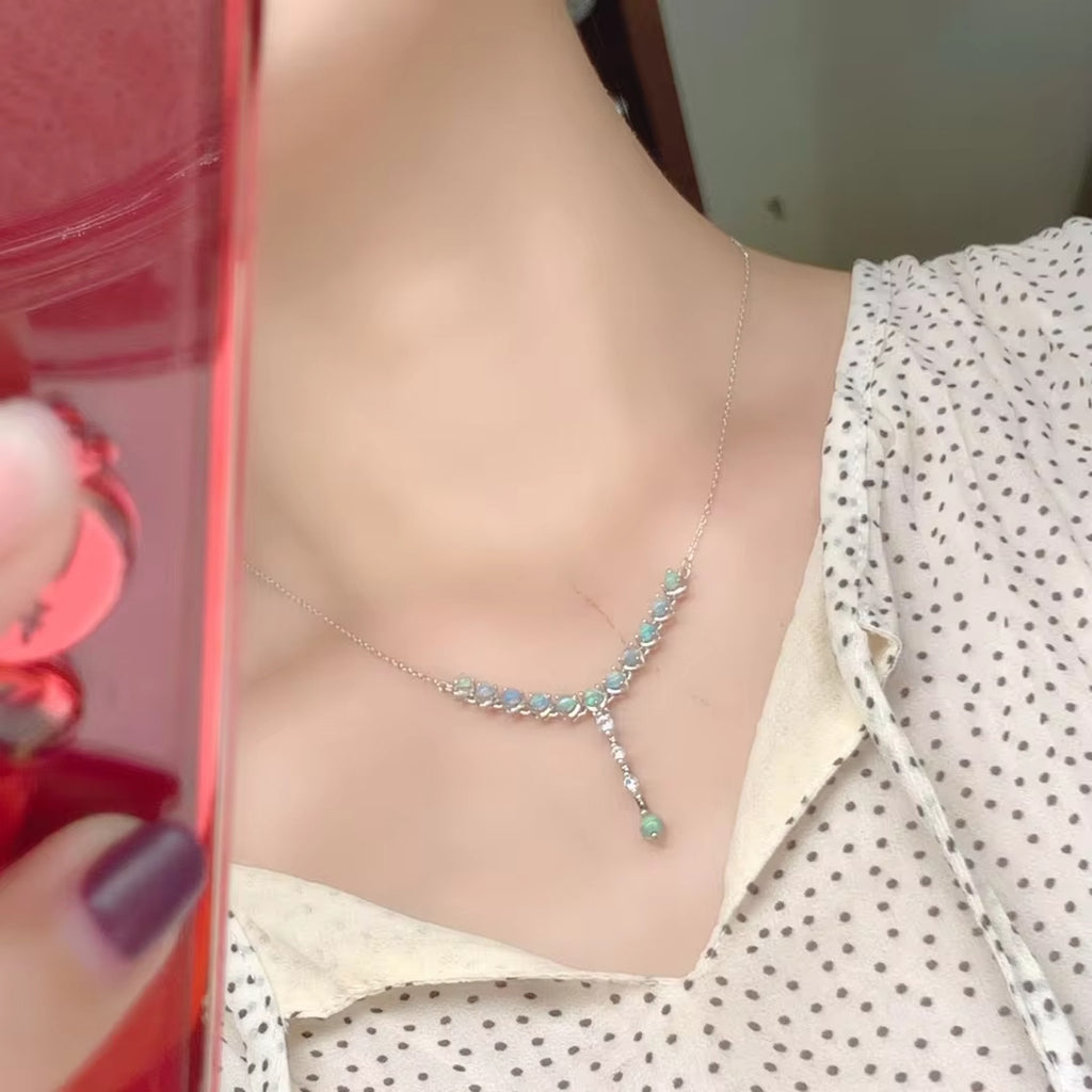 White Fire Opal Clavicle Chain Necklace, Fire Opal Statement Necklace 3mm