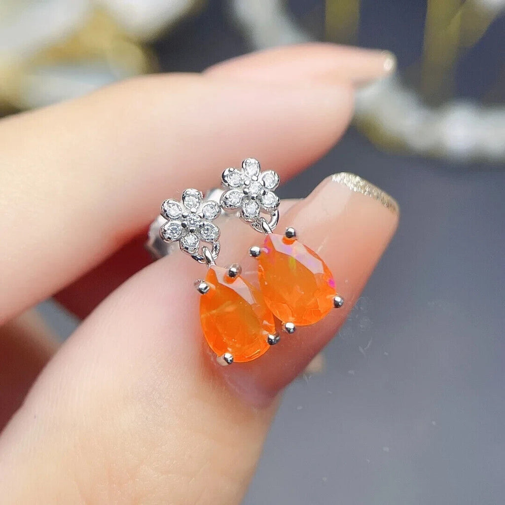 Orange Fire Opal Dangle Earrings, Colorful Orange Opal Dangle Earrings 5x7mm