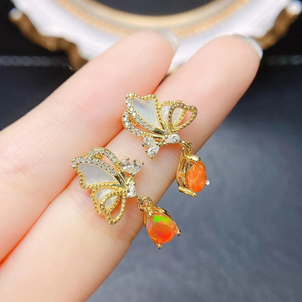 Orange Fire Opal Pear Statement Earrings 5x7mm, Orange Opal Earrings