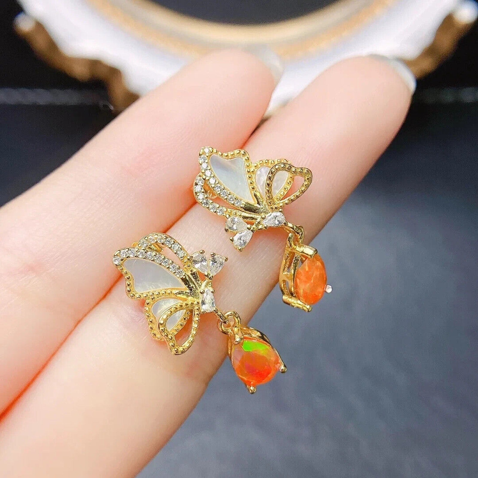 Orange Fire Opal Pear Statement Earrings 5x7mm, Orange Opal Earrings