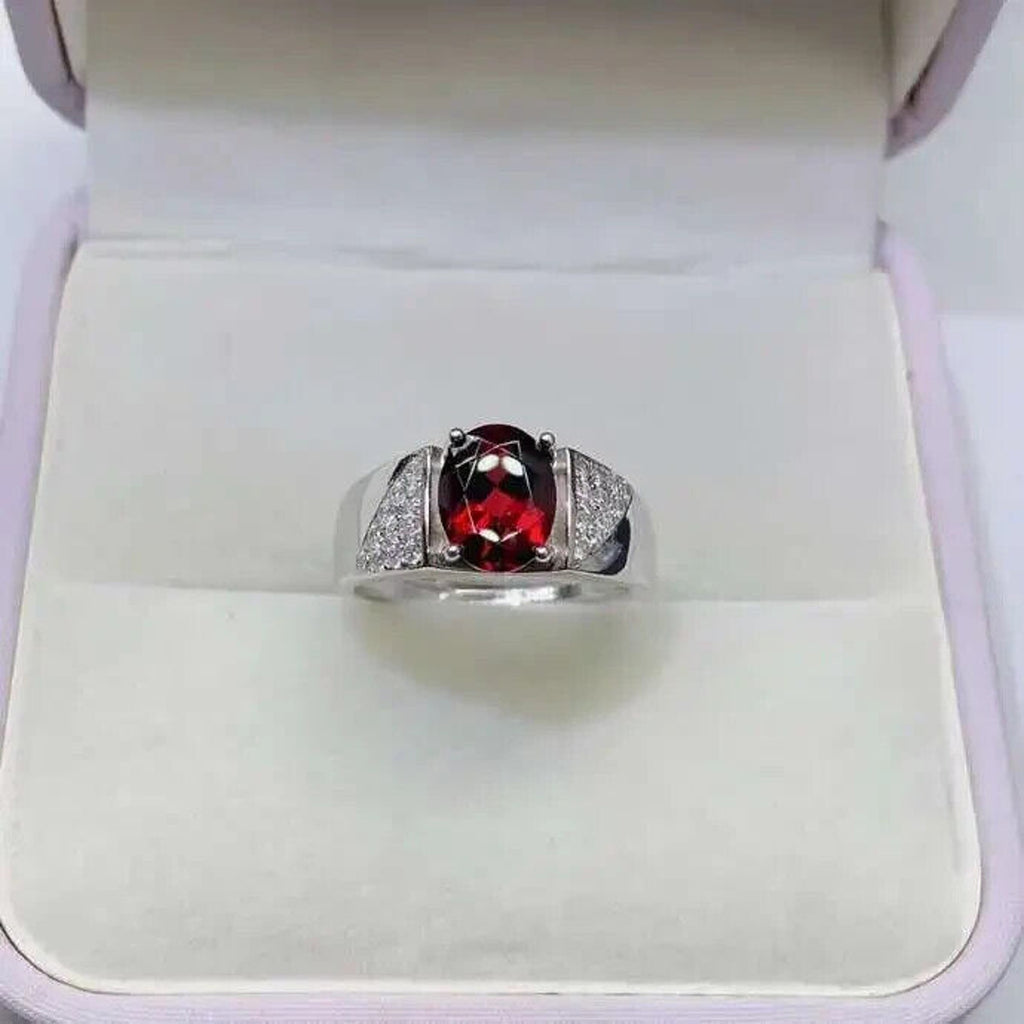 Red Garnet Mens Cocktail Ring 7x9mm Platinum Plated Sterling