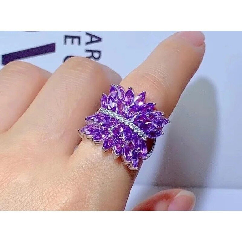Marquise Cut Amethyst Full Finger Ring, Women's Natural Amethyst Gemstone Ring
