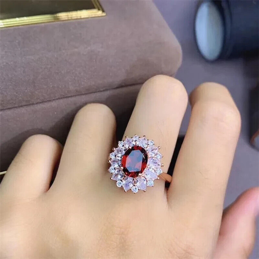 Red Garnet Cluster Statement Ring 7x9mm Platinum Pated Sterling Silver