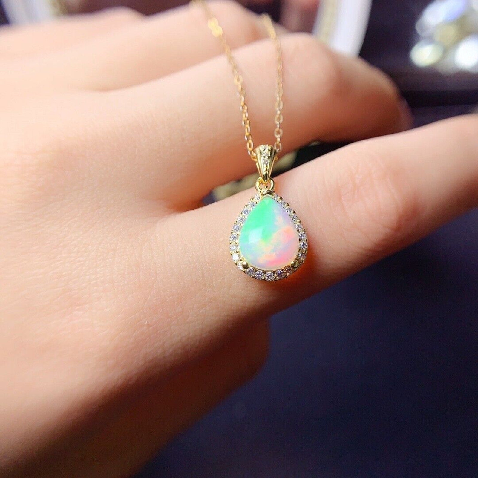 Natural Fire Opal Pear Shape Pendant Necklace, Women's Opal Pendant Necklace's