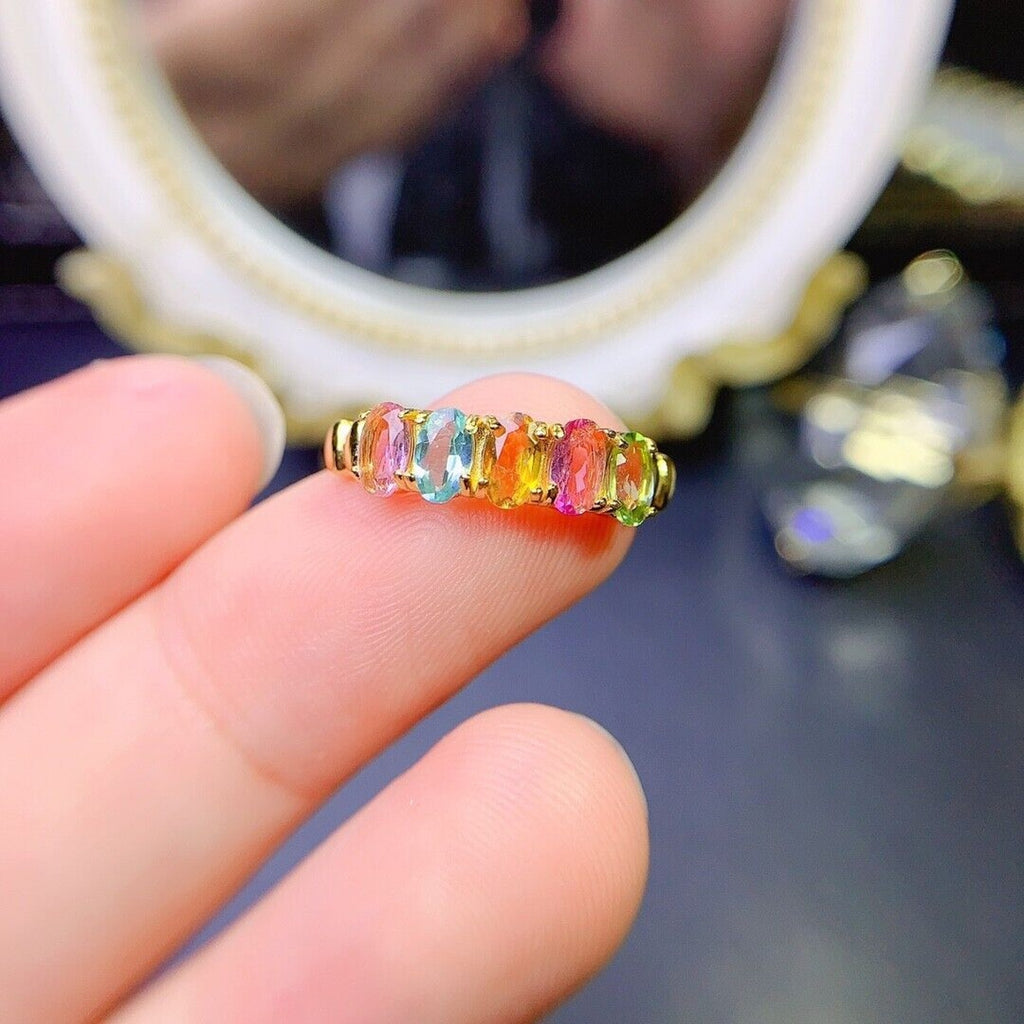 Multicolor Tourmaline Gemstone Band Ring, Natural Tourmaline Band Ring