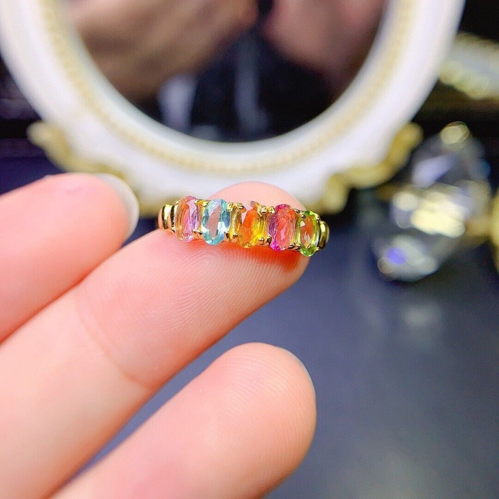 Multicolor Tourmaline Gemstone Band Ring, Natural Tourmaline Band Ring