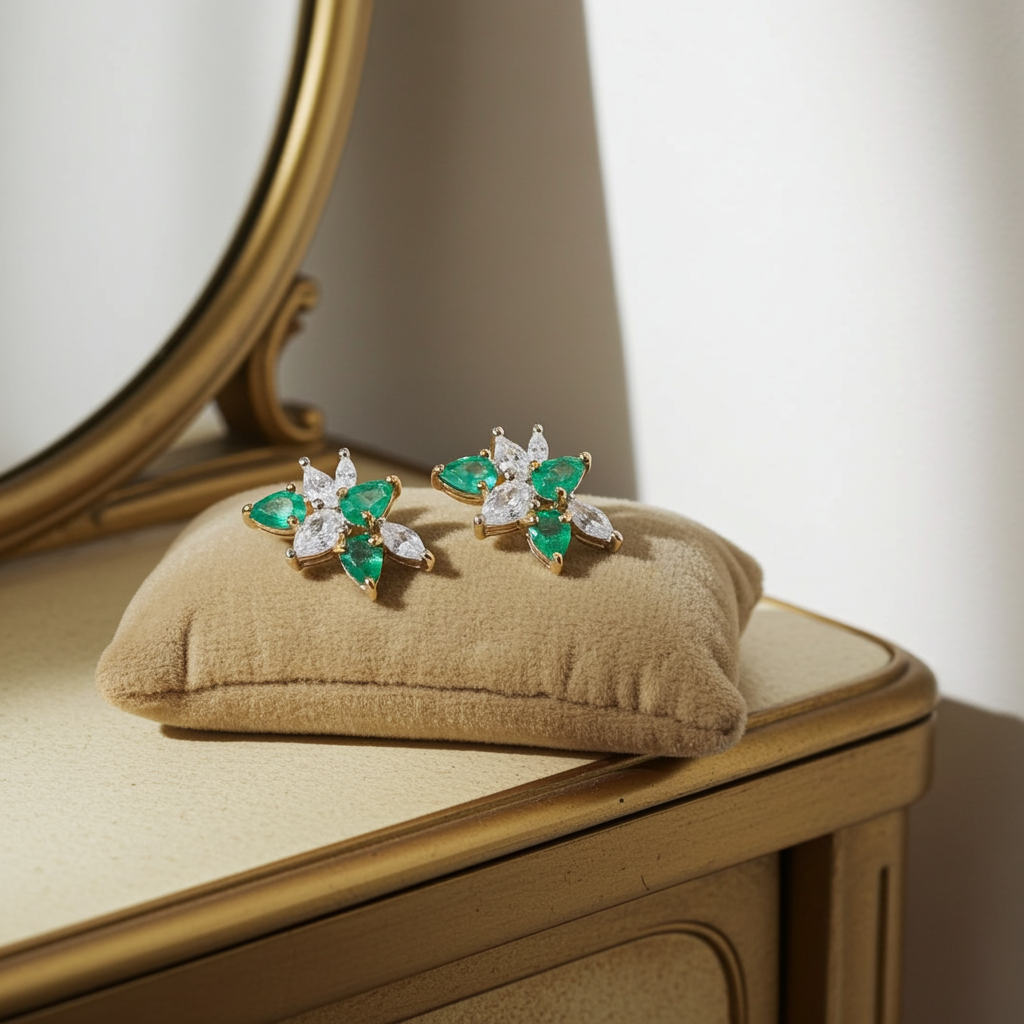 Natural Emerald Pear Cut Cluster Earrings 3x4mm VVS Grade