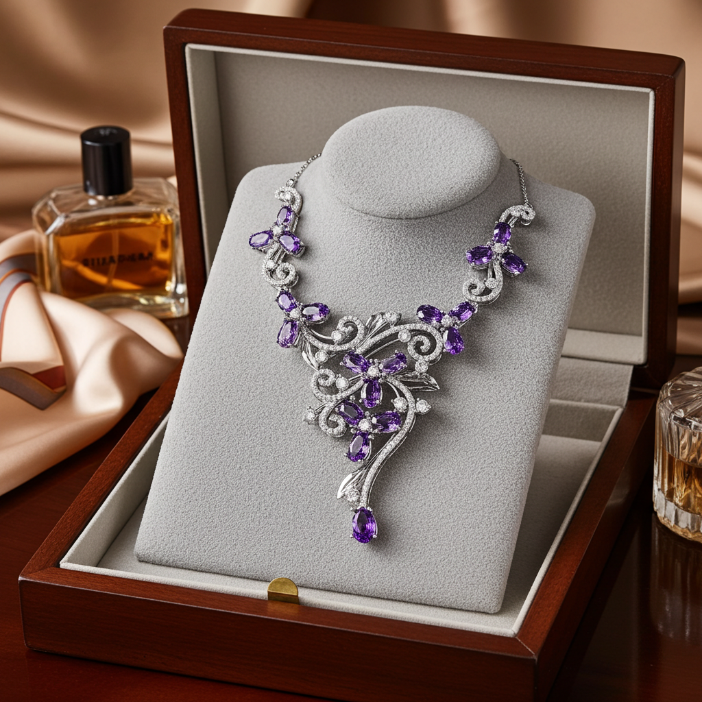 Amethyst Gemstone Flower Statement Necklace 925 Sterling