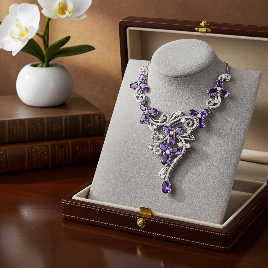 Amethyst Gemstone Flower Statement Necklace 925 Sterling