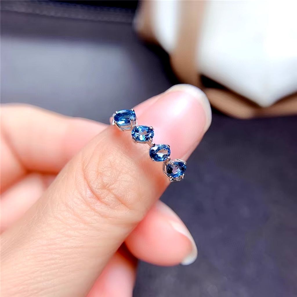 London Blue Topaz Band Ring, Natural London Blue Topaz Gemstone Ring Sterling